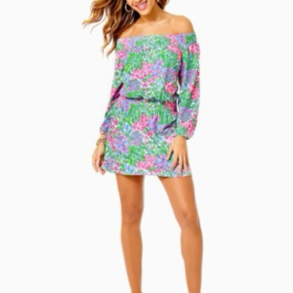 Lilly Pulitzer Cyla of the shoulder skirted romper